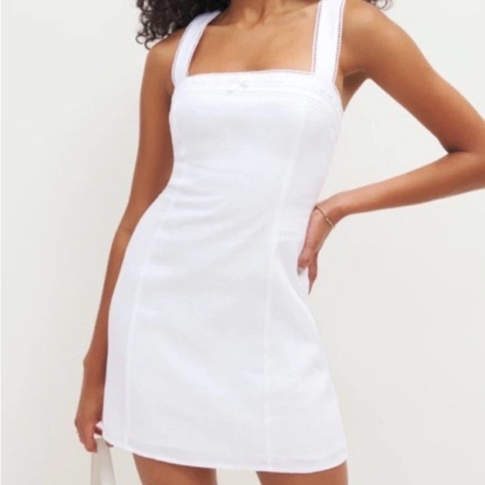 Reformation Elana Square Neck Linen Mini Dress 10 White Smocked Graduation